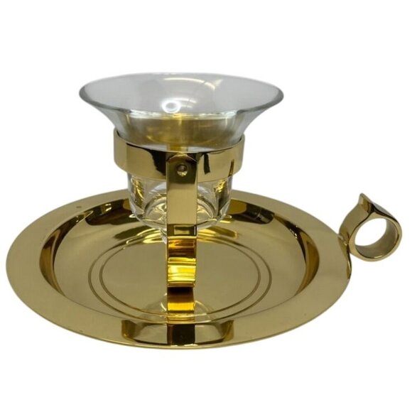 Polished Brass Chamberstick Candle Holder Wall Sconce with Glass Hurricane Shade - Picture 3 of 7